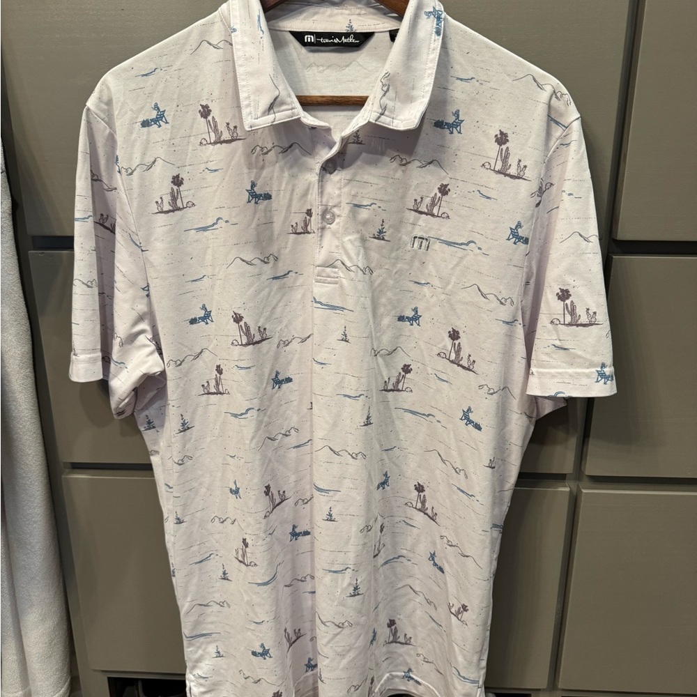 Travis Mathew White Polo with Blue and Purple Print